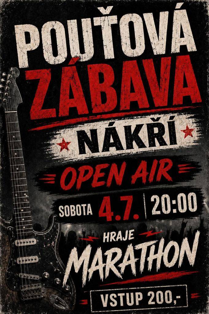 Obec Nákří vás srdečně zve na pouťovou zábavu, která se koná v sobotu 4. července 2026 od 20:00. Těšit se můžete na hudební vystoupení kapely Marathon v příjemném otevřeném prostředí.