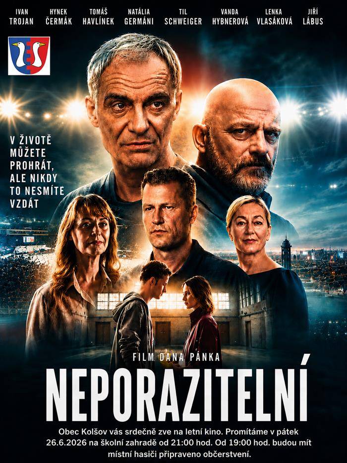 Obec Kolšov vás srdečně zve na letní kino. Promítáme na školní zahradě, v pátek 26.6.2026, český film NEPORAZITELNÍ. Od 19.00 hodin budou mít místní hasiči připraveno občerstvení, začínáme ve 21.00 hod.
