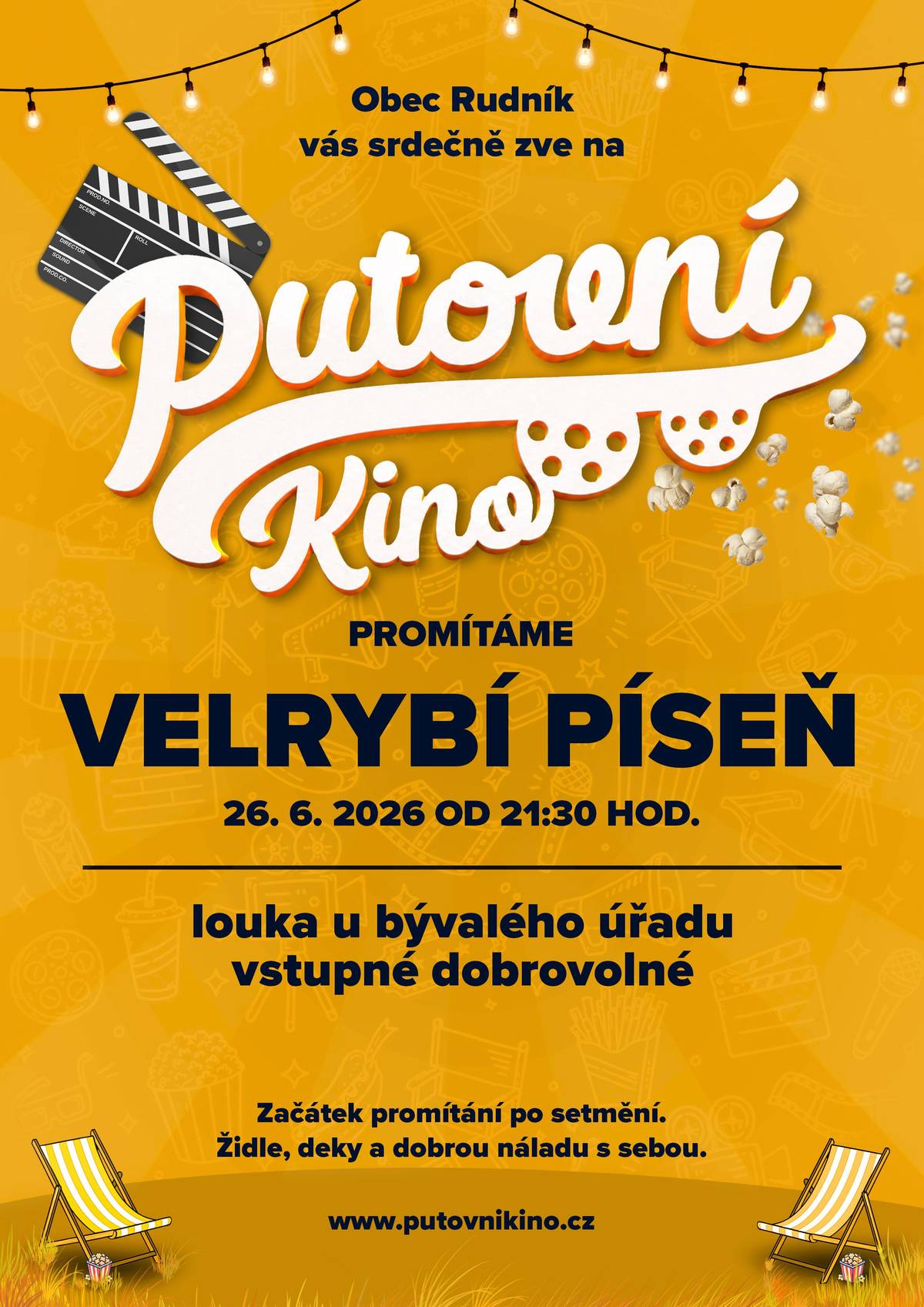 Zveme vás na první letošní promítání letního kina v Rudníku!  📅 pátek 26. června 2026  🕤 od 21:30 hodin  📍cvičiště hasičů Rudník (louka u bývalého OÚ) 💰vstupné dobrovolné Tradičně zahajujeme letní kino filmem pro děti jako malou odměnu za úspěšně zvládnutý školní rok a na přivítání letních prázdnin. 🎥 Promítat budeme animovaný film Velrybí píseň.  Mladý keporkak Vincent se vydává na dobrodružnou cestu plnou tajemství oceánu, nových přátel a odvahy. Dokáže najít svou vlastní píseň a zachránit život v oceánu?  🍿 Občerstvení zajištěno Nezapomeňte si vzít deky, skládací židličky nebo lehátka pro pohodlné sledování filmu pod hvězdnou oblohou.  Přijďte si užít příjemný letní večer s rodinou, přáteli a filmem pod širým nebem. 🌙🎬 Těšíme se na vás!  Kulturní komise Rudník