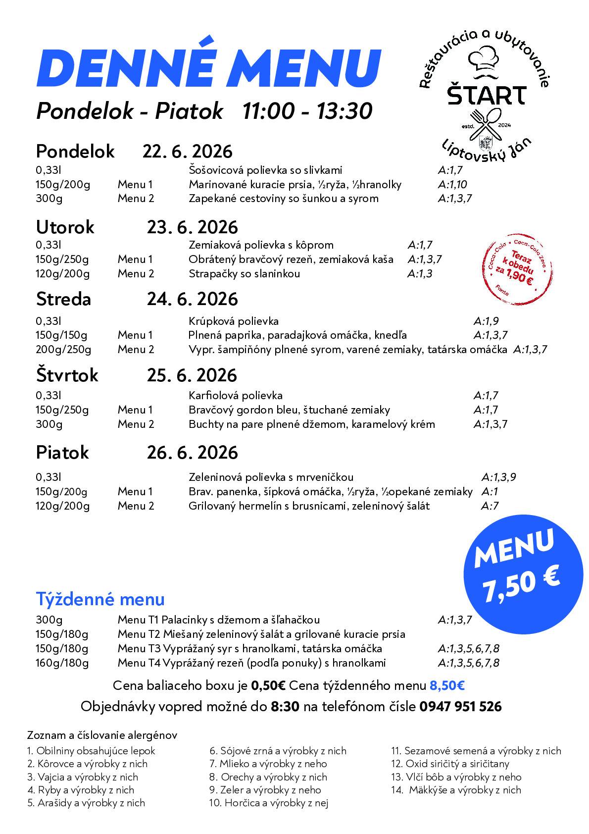 Nech sa páči, denné menu na nový týždeň.