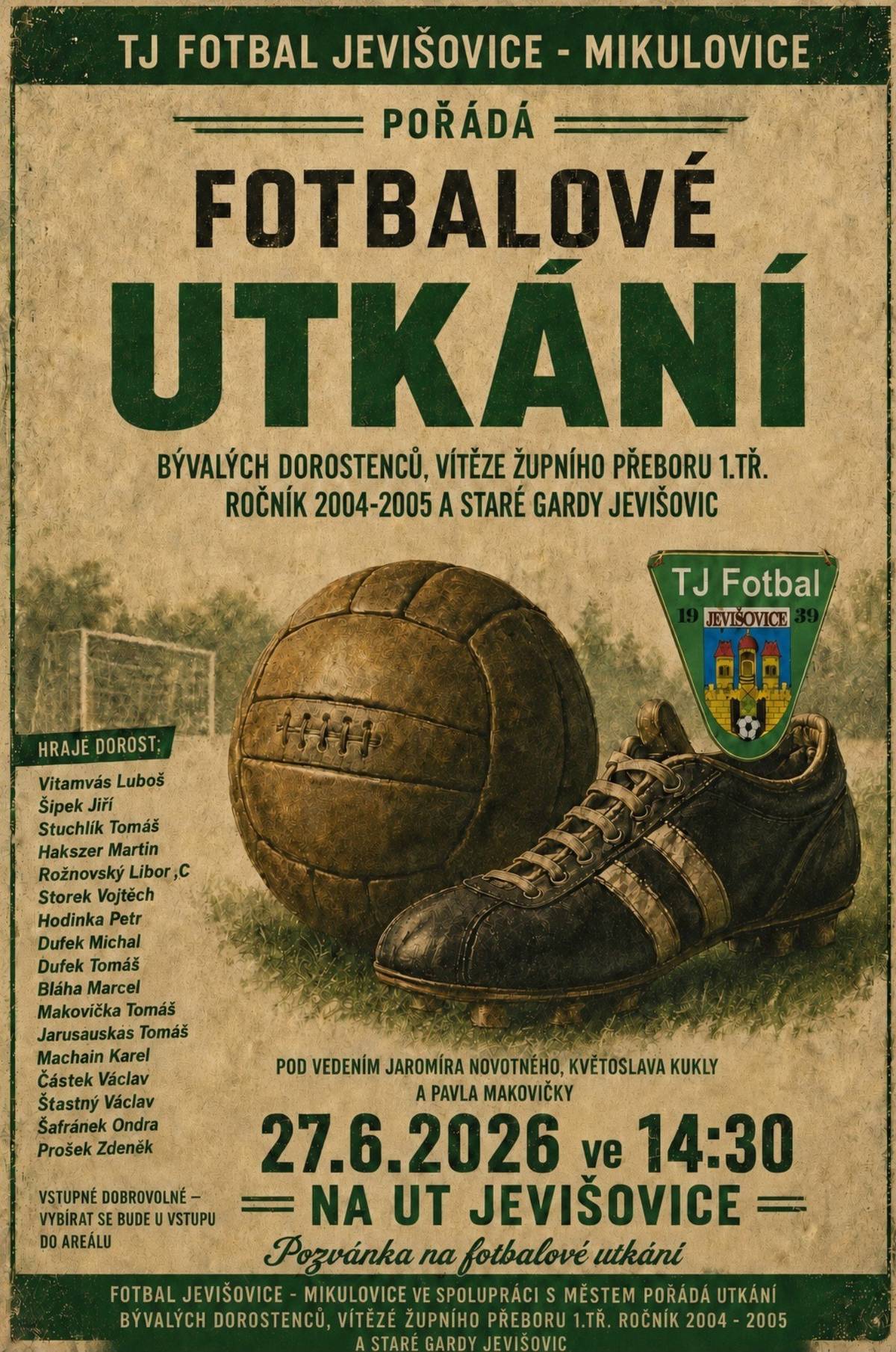 Fotbal Jevišovice – Mikulovice připravil speciální utkání a to vítězů župního přeboru 1. třídy ročník 2004/05 proti Staré gardě Jevišovic. Tento unikátní zápas se odehraje dne 27. června 2026 od 14:30 ve sportovním areálu Jevišovice. Kromě kvalitní kopané, bude zajištěno také občerstvení 😊