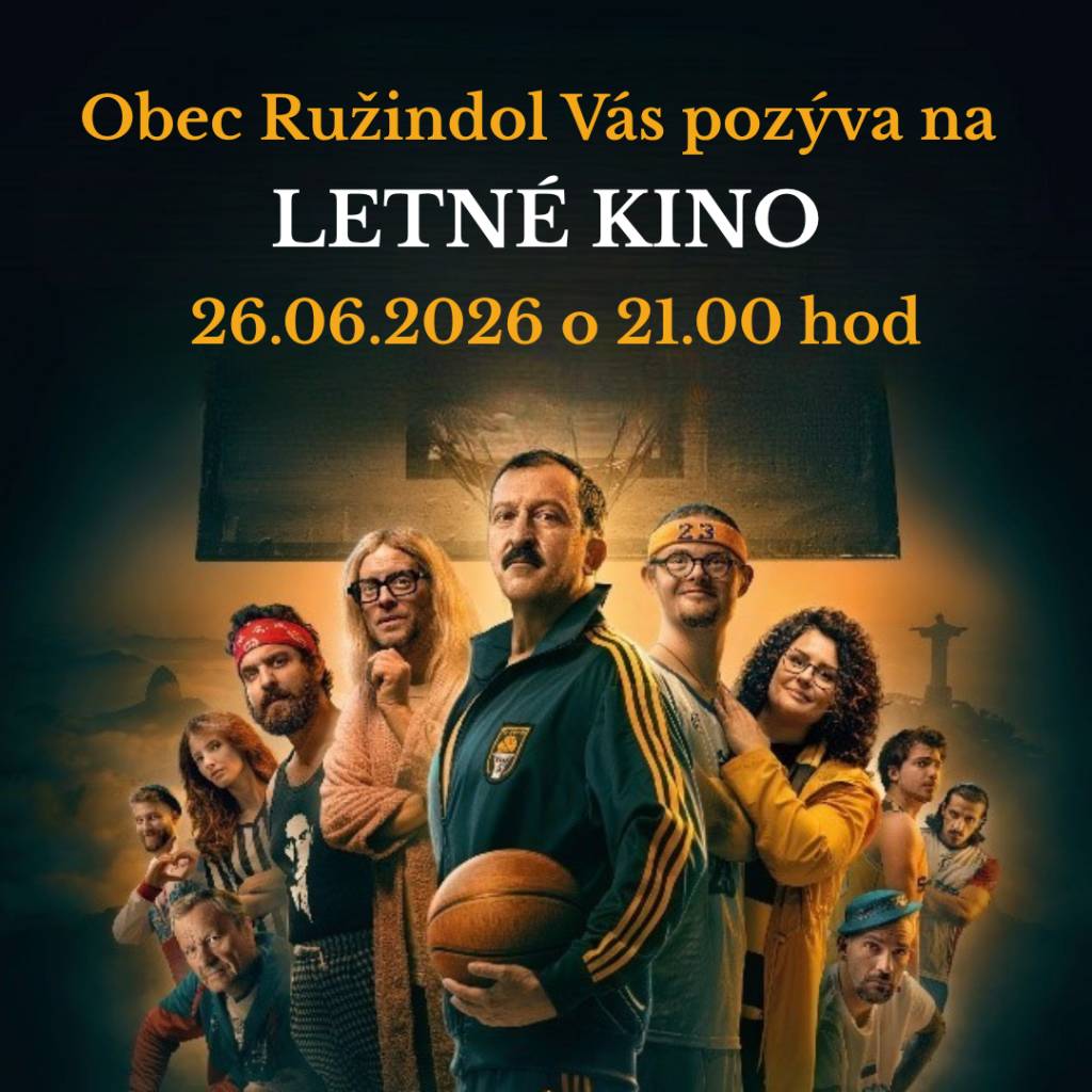 Obec Ružindol Vás srdečne pozýva na letné kino pod holým nebom, ktoré sa uskutoční 26.06.2026 v čase o 21:00 hod v záhrade penziónu Rosenthal.