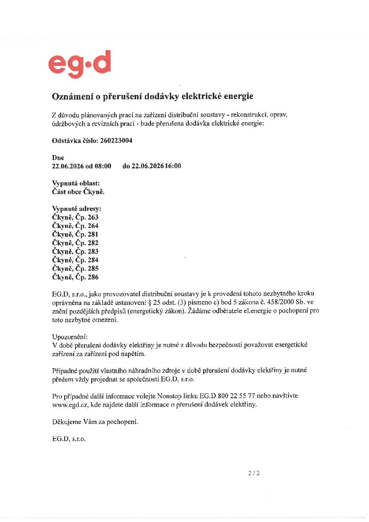Oznámení o přerušení el. energie 22.06.2026 → část obce Čkyně