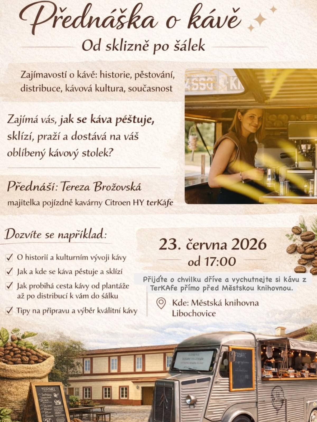 Zítra od 17:00 můžete zavítat do městské knihovny na zajímavou přednášku o kávě. Dozvíte se spoustu zajímavostí o kávě a její historii, tipy na přípravu a výběr kvalitní kávy. ☕📖