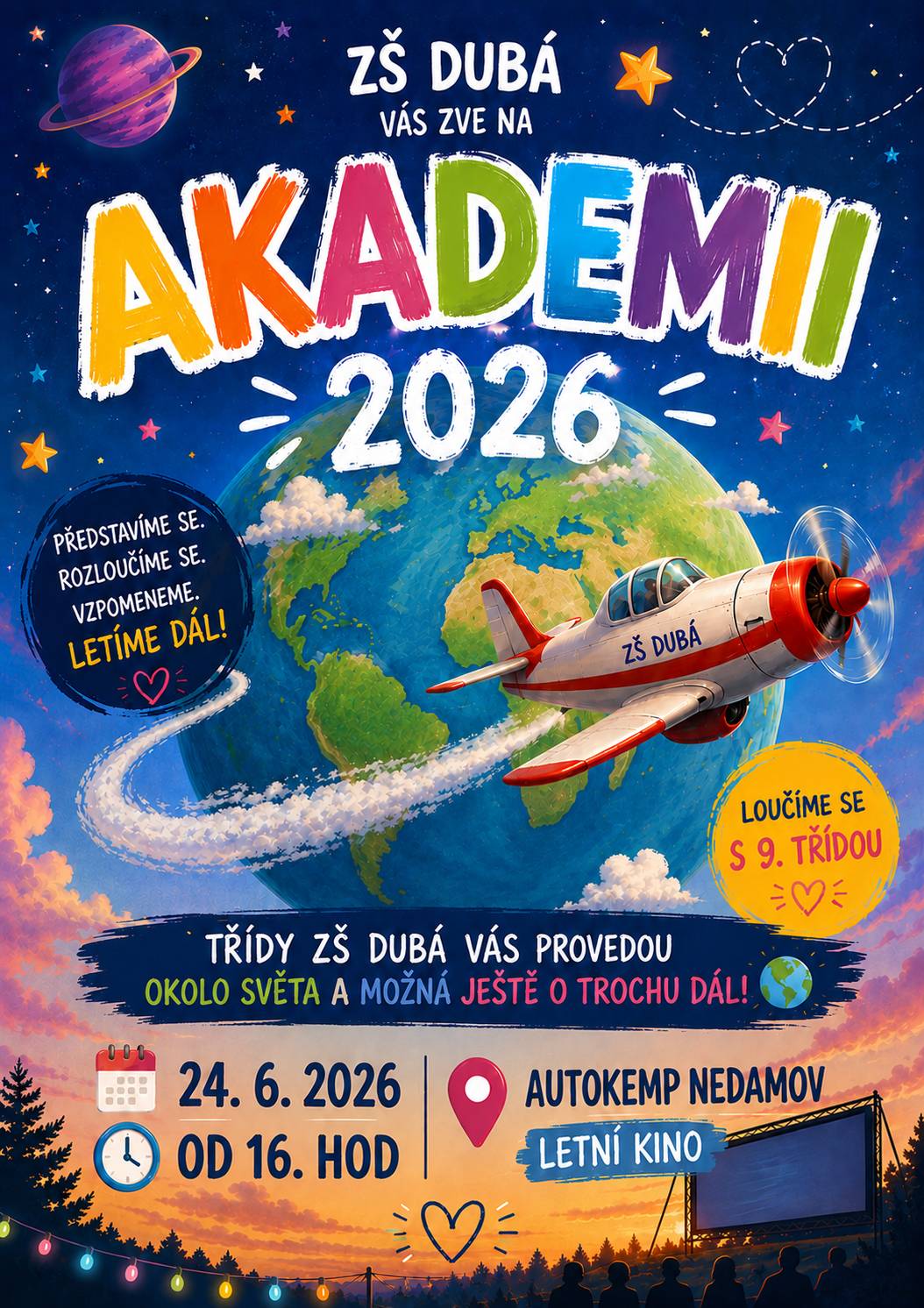 Zveme vás na školní akademii Základní školy Dubá, která se ponese v duchu cestování „kolem světa a ještě o trochu dál“. 📍 Autokemp Nedamov – letní kino 🗓 ve středu 24. června 2026 🕓 od 16:00 hodin Těšit se můžete na vystoupení jednotlivých tříd i společné rozloučení  s žáky 9. ročníku. 👉 Přijďte si užít příjemné odpoledne a podpořit děti při jejich vystoupeních.