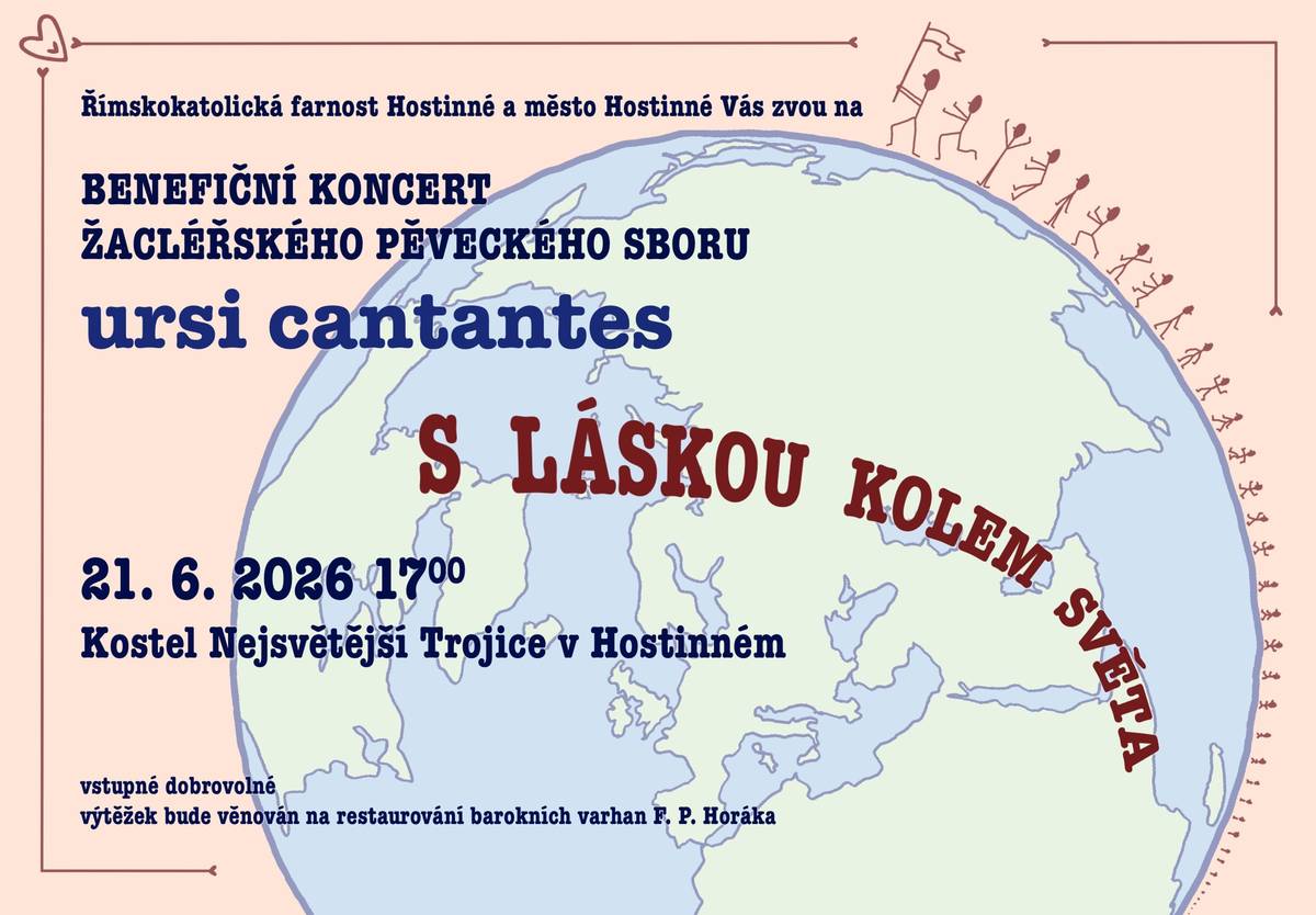 Chtěli jste si poslechnout koncert žacléřského sboru, ale nevyšlo Vám to? Nevadí! Ursi cantantes Vás srdečně zvou na své první vystoupení za hranicemi města. Můžete nás slyšet v kostele Nejsvětější Trojice v Hostinném v neděli 21. června 2026 od 17:00. Výtěžek z koncertu bude věnován na záchranu místních vzácných barokních varhan. Těšíme se na Vás!