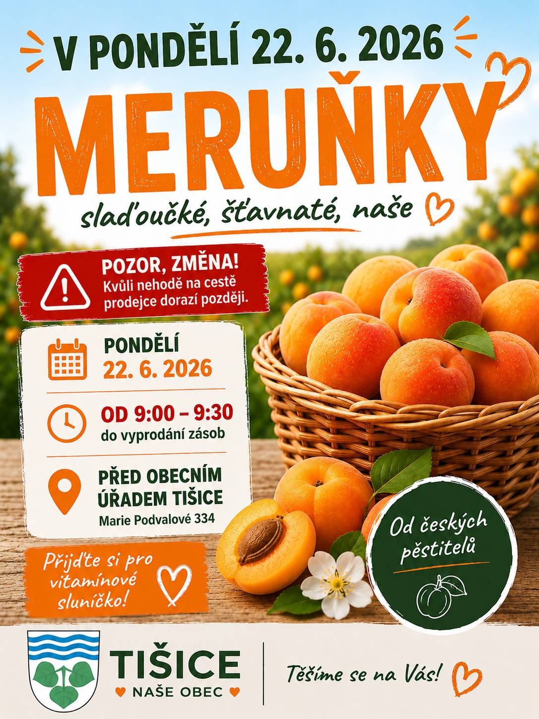 🍑 Upozorňujeme na změnu dnešního prodeje meruněk. Kvůli dopravní nehodě na trase nabral prodejce zpoždění a dorazí do Tišic později. Prodej slaďoučkých meruněk od českých pěstitelů proto začíná až v 9:00 a potrvá přibližně do 9:30, případně do vyprodání zásob. 📍 Před obecním úřadem Tišice, Marie Podvalové 334 Děkujeme za pochopení a přejeme dobrou chuť. 🍑☀️