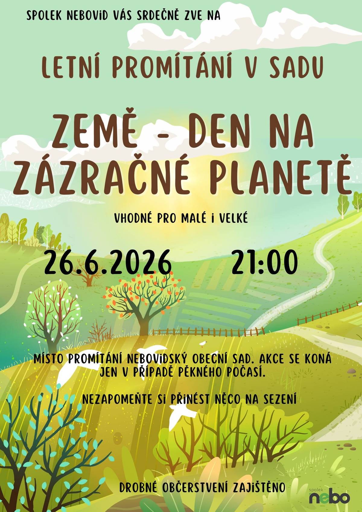 Již tento pátek! Spolek Nebovid vás srdečně zve na letní kino, které se bude konat v našem krásném sadu. Minuly rok nám letní kino v sadu zhatilo počasí, tak snad to vyjde letos😊🌳🌞. Připravený je pro vás krásný přírodovědný film pro malé i velké.