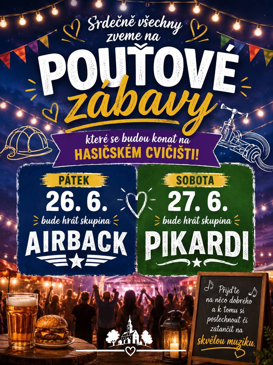 SDH Bobrová všechny srdečně zve na tradiční pouťové zábavy na hasičské cvičiště. V pátek 26. 6. 2026 se můžete těšit na skupinu AIRBACK, v sobotu 27. 6. 2026 na tradiční skupinu PIKARDI. Dobré pití a jídlo zajištěno. Na všechny se těší pořadatelé.