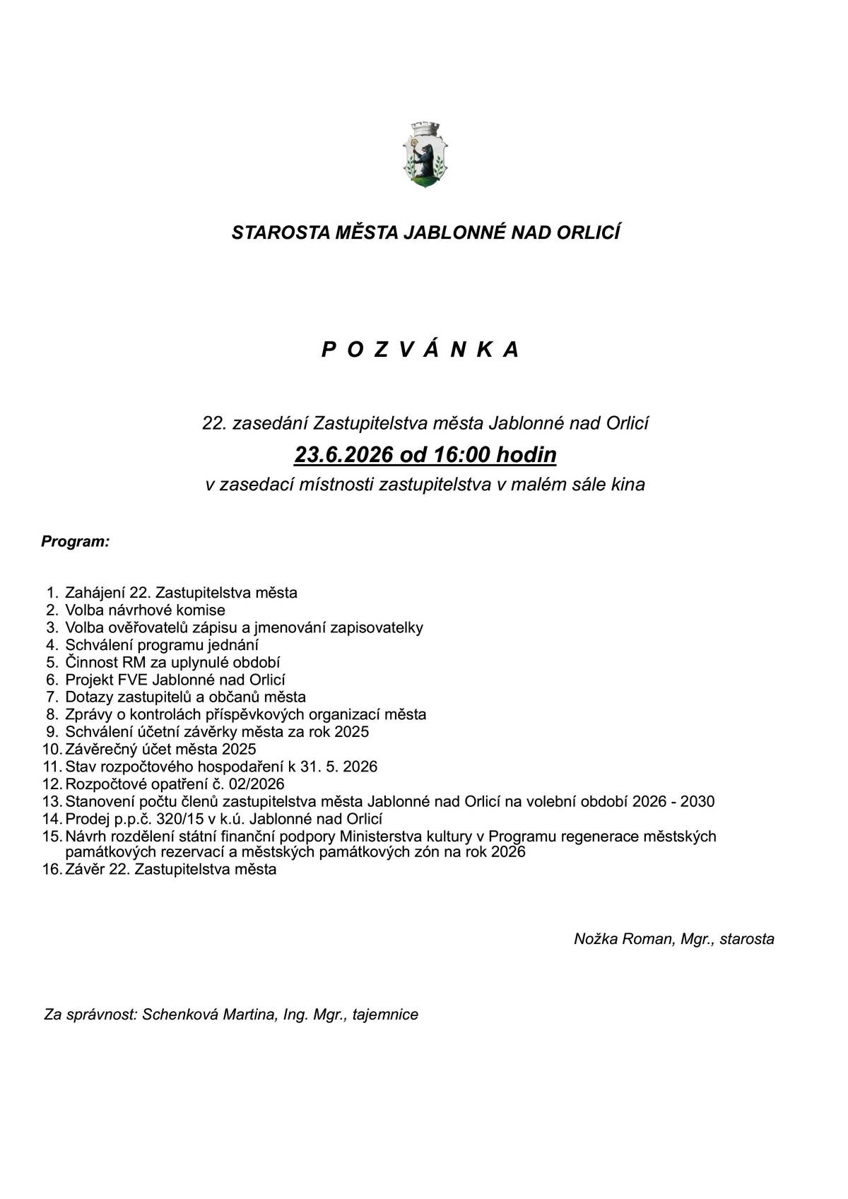 ...se uskuteční v úterý 23. 6. 2026 od 16 hodin v malém sále kina.