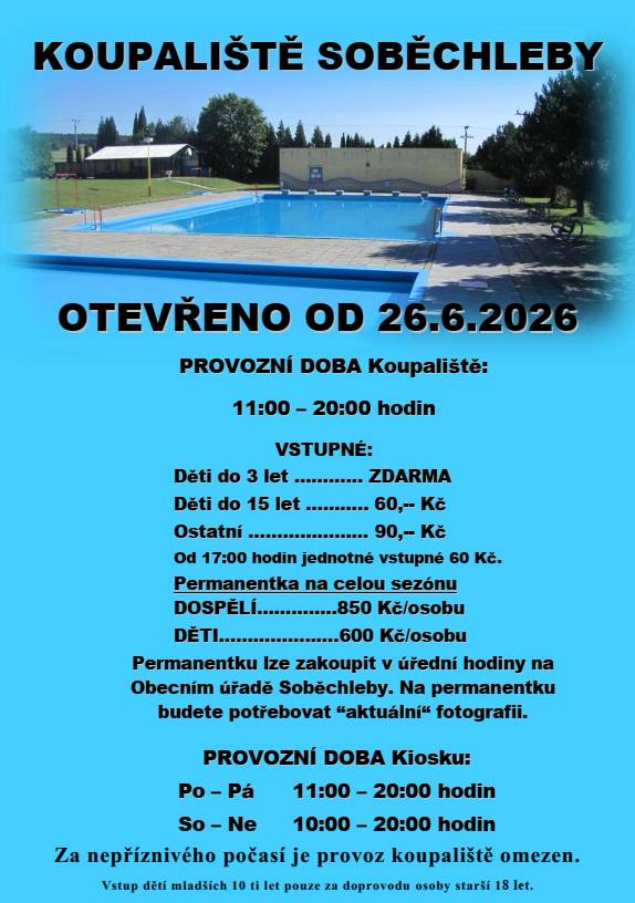 Srdečně Vás zveme na zahájení sezóny na Koupališti Soběchleby, které bude otevřeno od 26. 6. 2026.