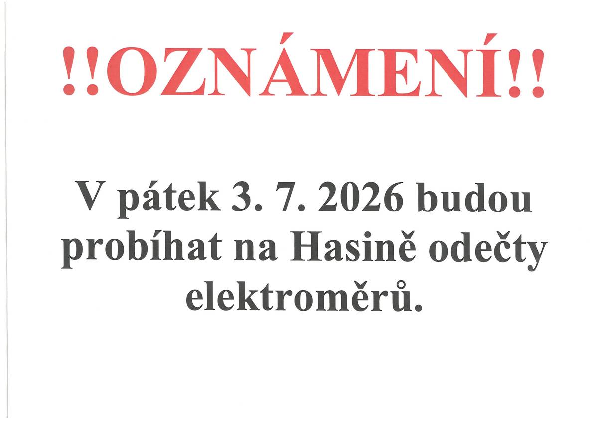 Odečty elektroměrů: 29. 6. Zámostí, Viničná Lhota, Ledečky 30. 6. Podlužany 3. 7. Hasina 7. - 10. 7. Rožďalovice