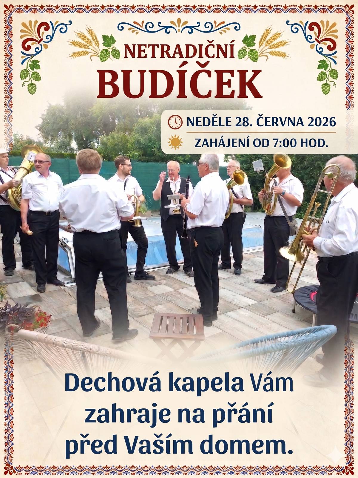 Už tuto neděli 28. června od 7:00 hodin ráno projde naší obcí Ústín výborná dechová kapela. Muzikanti Vám rádi zpříjemní sváteční vstávání a zahrají Vám písničku na přání přímo před Vaším domem.