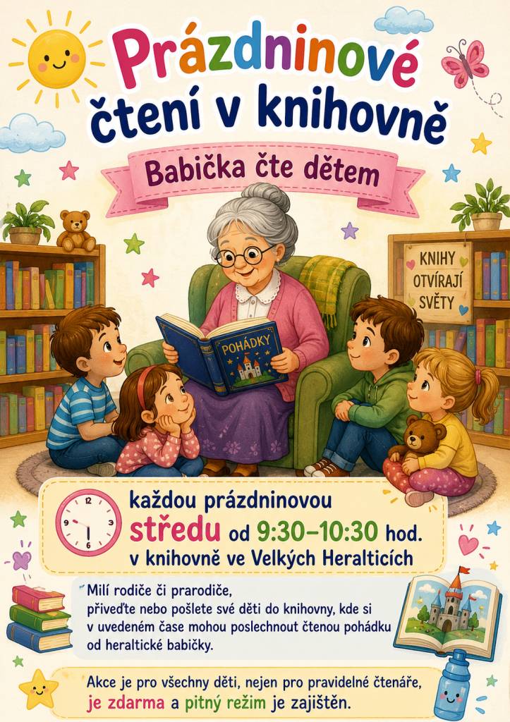 Každou prázdninovou středu od 9:30-10:30 bude heraltická babička číst dětem, vstup zdarma a přijít mohou úplně všechny děti, nejen ty co jsou v knihovně registrovány. Těšíme se na vás.