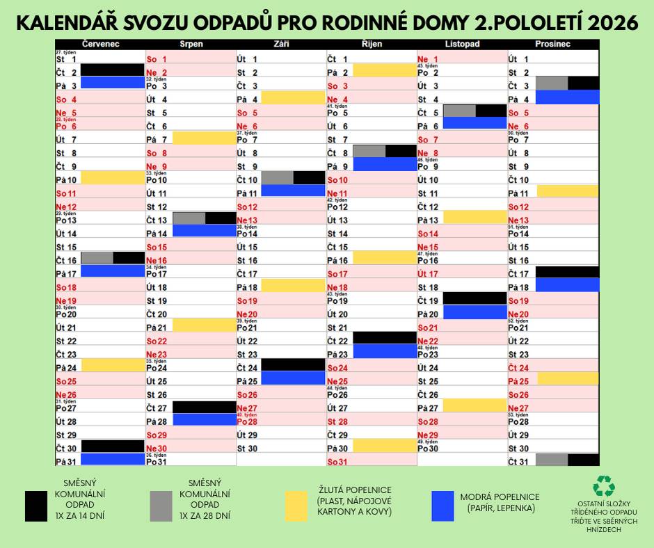 Kalendář svozu odpadů pro rodinné domy II. pololetí 2026