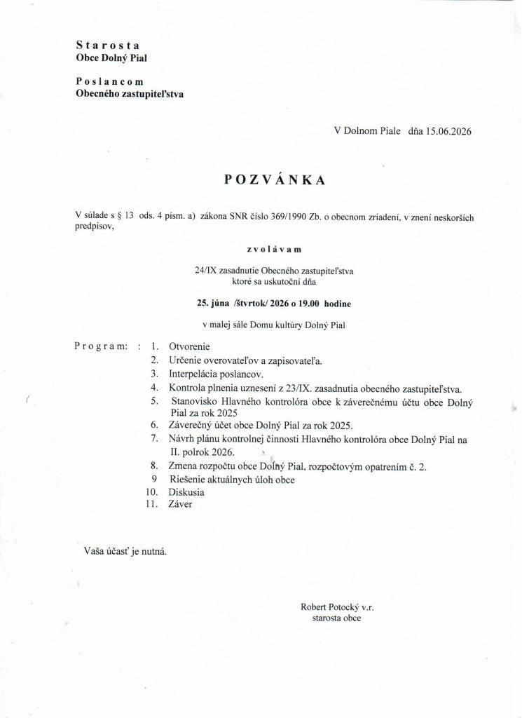 Dňa 25.6.2026 o 19:00 hod.