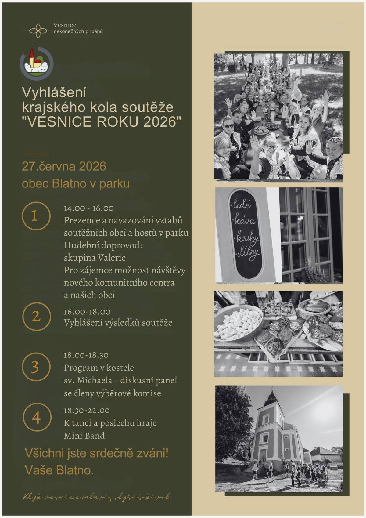 Dobrý den,připomínáme pozvání pro obyvatele Blatna na sobotní událost,všichni jste zváni od 14h do parku v Blatně.Kdo není registrovaný,učiňte tak při příchodu,budeme moc rádi,když titul Vesnice roku oslavíme společně!