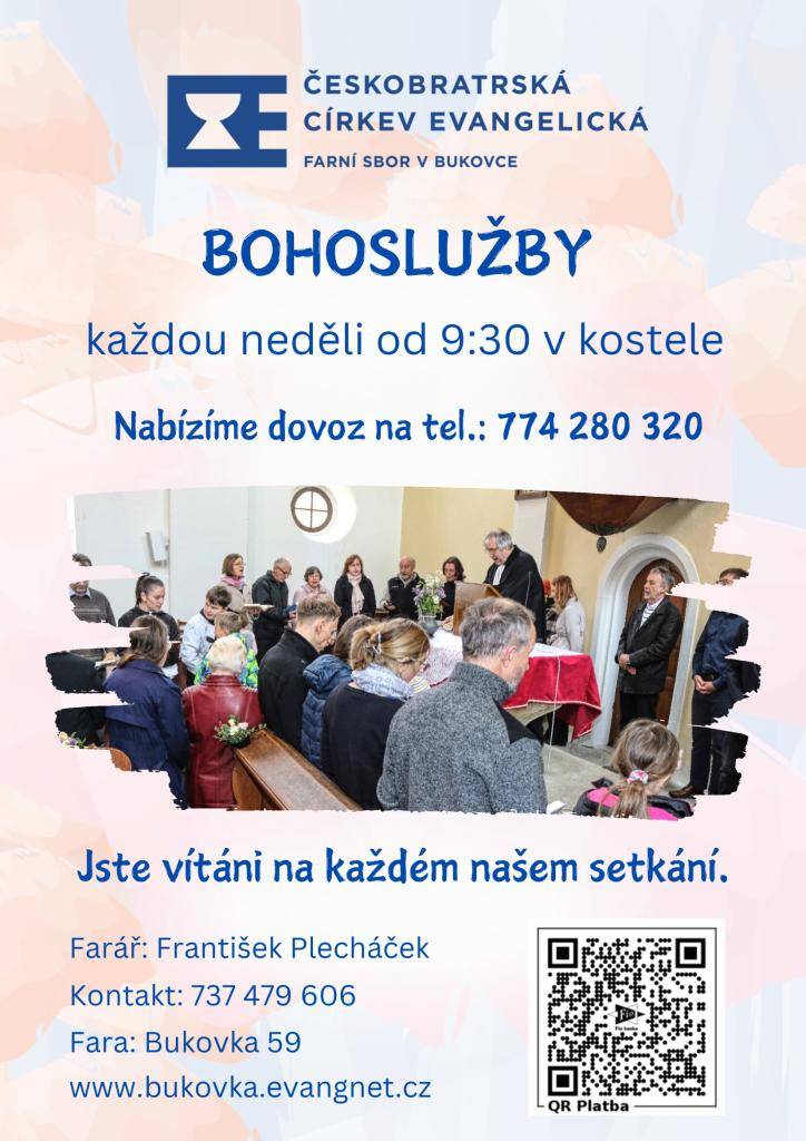 Farní sbor Českobratrské církve evangelické v Bukovce vás zve každou neděli od 9:30 na bohoslužby a každý čtvrtek od 9:30 na setkání maminek. Více podrobností najdete v přiložených letácích.
