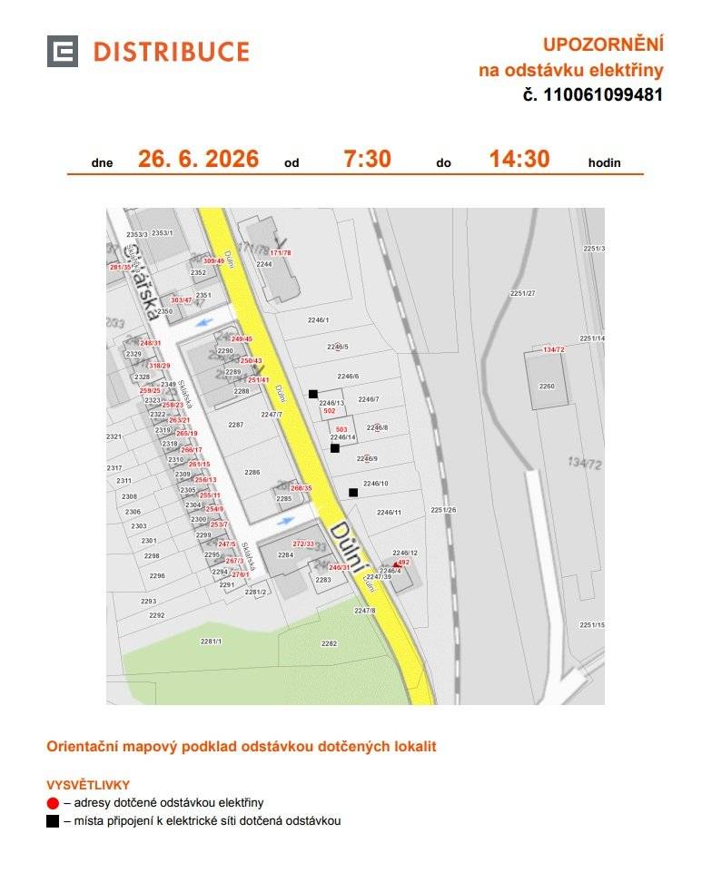 Vážení občané, upozorňujeme, že v pátek 26. června dojde od 7:30 do 14:30 hodin k plánované odstávce elektřiny v ulici:  - Důlní 492 - parcelní č. 2246/5, 2246/8, 2246/9 Bližší informace k odstávce