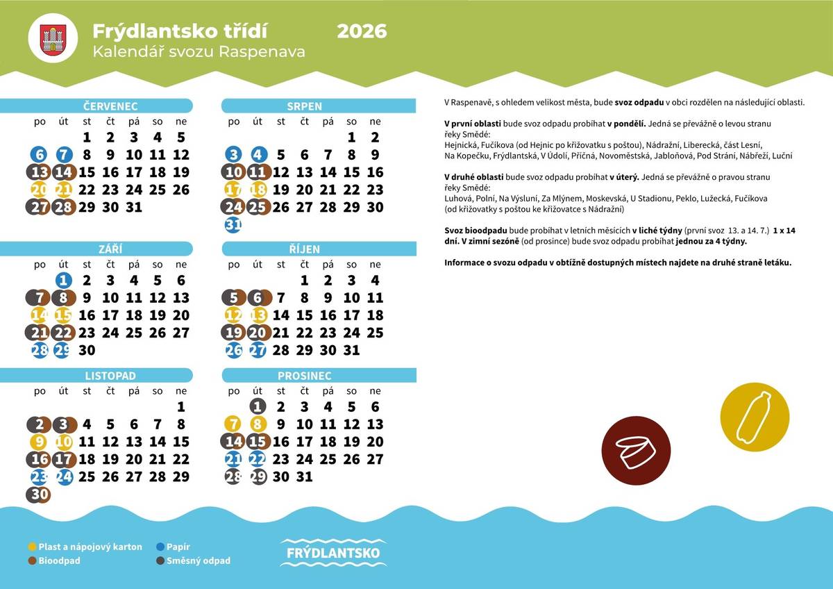 Vážení spoluobčané, milí sousedé. Pondělí a úterý, dle břehu řeky a dle daného týdne, začínáme svozem papíru 6. a 7. 7. 2026. Jednotlivé oblasti jsou podrobně upřesněny v textu na přiložených obrázcích a v dokumentu PDF. Aplikace můj odpad bude pro Raspenavu funkční nejdéle od 1. 7. 2026, jakým způsobem se v ní budeme orientovat, to je nyní neznámá i pro nás a čekáme s Vámi. Ve středu se bude svážet odpad z "obtížně dostupných míst", tedy z míst, kde nelze jet standardně velkým popelářským vozem.  K těmto svozům budou používána střední a malá vozidla, proto např. u BIOODPADU mají středy sudý a lichý týden (dle velikosti vozidla). Pozor - tento svoz probíhá již od 1. 7. 2026. Svezen bude směsný odpad a již i BIO.  Přiznávám, že ve vzduchu visí pár čísel popisných i evidenčních, kdy s napětím očekáváme, zda budou např. v úterním nebo středečním svozu, protože jsou tyto domky umístěny například na křižovatkách nebo na začátcích ulic označených jako "obtížně dostupná místa" a jasno bude až s prvním svozem.  Děkujeme za trpělivost. Uděláme maximum proto, abychom systém rychle doladili a aby to fungovalo co nejlépe. Vše, co se nepovede, je třeba hlásit. Prosím, v klidu a slušně. Řešení vždy najdeme.  DÁLE ZŮSTÁVÁ CCA 20 DOMKŮ, KTERÉ BUDE DÁLE SVÁŽET MĚSTO. Informace bude poskytnuta zvlášť. Prosím, pomozte nám dostat informace mezi vaše rodiny, kamarády, známé. Děkuji.  ZÁSADNÍ PRO SVOZ ODPADU JE PRŮJEZDNOST NAŠICH KOMUNIKACÍ. Tedy údržba vaší zeleně a parkování vašich vozidel - to jsou nejčastější problémy při svozu.  Mgr. Josef Málek, starosta