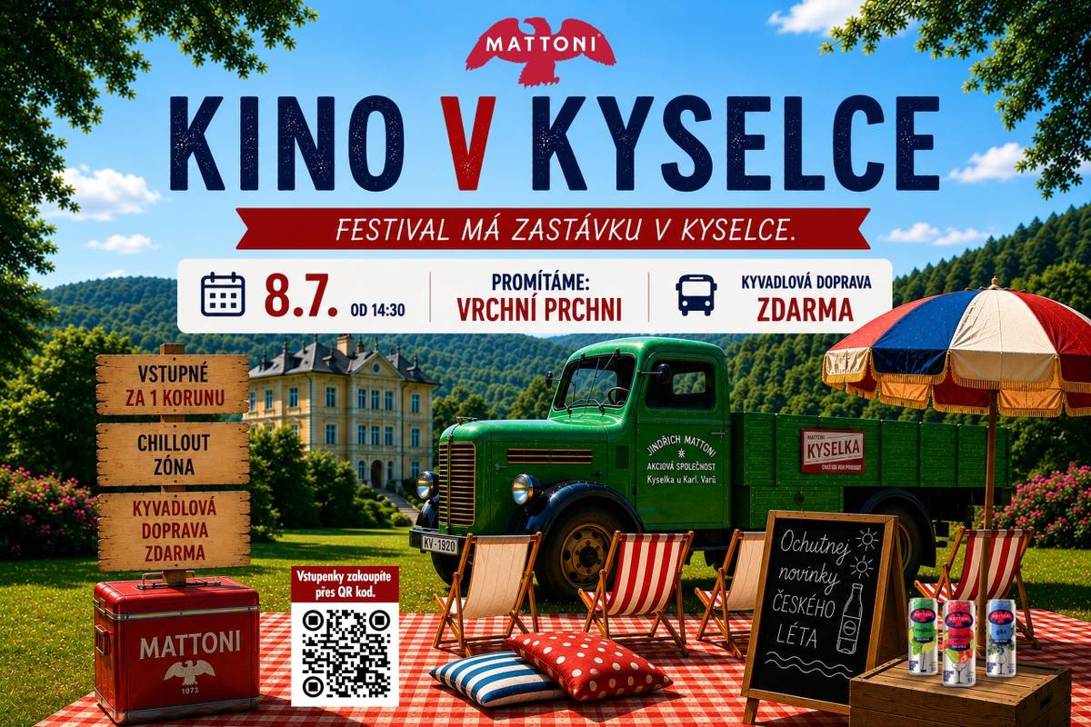 Obec Kyselka vás srdečně zve na jedinečnou letní akci Kino v Kyselce, která se uskuteční ve středu 8. 7. 2026 od 14:30 hodin. Festival míří také do Kyselky a nabídne příjemné filmové odpoledne v krásném prostředí s pohodovou atmosférou.