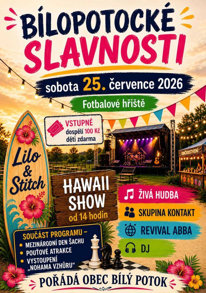 Bílopotocké slavnosti se blíží a na programu se objeví mnoho zajímavých aktivit. Můžete se těšit na živou hudbu, šachový turnaj a poutové atrakce, které potěší jak mladé, tak dospělé.