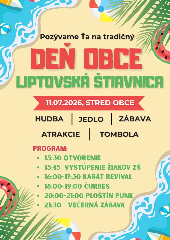 Obec Liptovský Štiavnica Vás pozýva na Deň obce, ktorý sa uskutoční s bohatým programom vrátane hudby, jedla a zábavy. Príďte si užiť vystúpenia a atrakcie, ktoré sú pripravené pre vás.