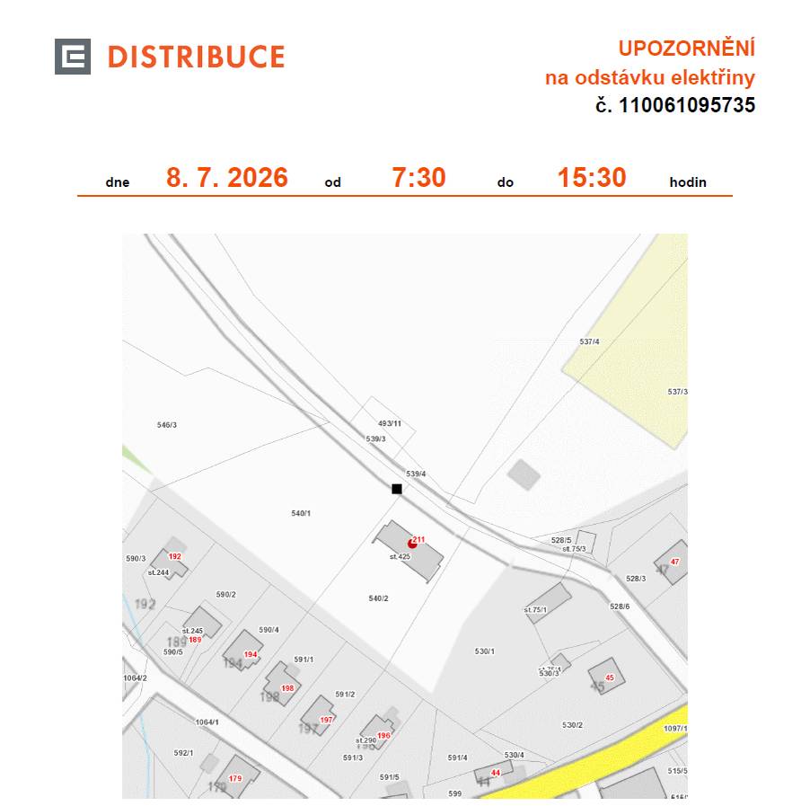 Informujeme Vás o plánovaném přerušení elektrické energie na Myslíku č.p. 211 dne 8. 7. 2026 od 7:30 do 15:30 viz. příloha.