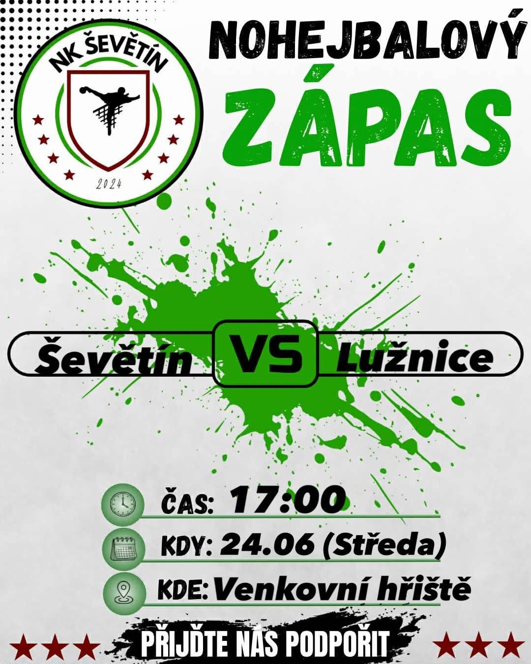Poslední domácí utkání před letní pauzou je tady! 🔥 ⚽ Vzhledem k tomu, že se o víkendu koná pro Ševětíňáky více než tradiční nohejbalový turnaje Memoriálu Jardy Šerého, jsme náš zápas pro jistotu přesunuli z pátku na středu! 💪 Soupeř z Lužnice je aktuálně o 3 body před námi, takže nás čeká nesmírně důležitý souboj o cenné body! 📣 Přijďte nás podpořit přímo na hřiště a vytvořit skvělou atmosféru. Vaše podpora je pro nás obrovskou motivací! 👏❤️ 🎥 Pokud se nemůžete dostavit osobně, můžete utkání sledovat živě na našem YouTube kanále. 🔥 Těšíme se na vás! 🔥