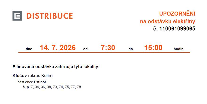 Odstávka dne 14. 7. 2026 od 7:30 do 15:00 hodin se týká pouze domů s číslem popisným 7, 34, 36, 38, 73, 74, 75, 77 a 78.