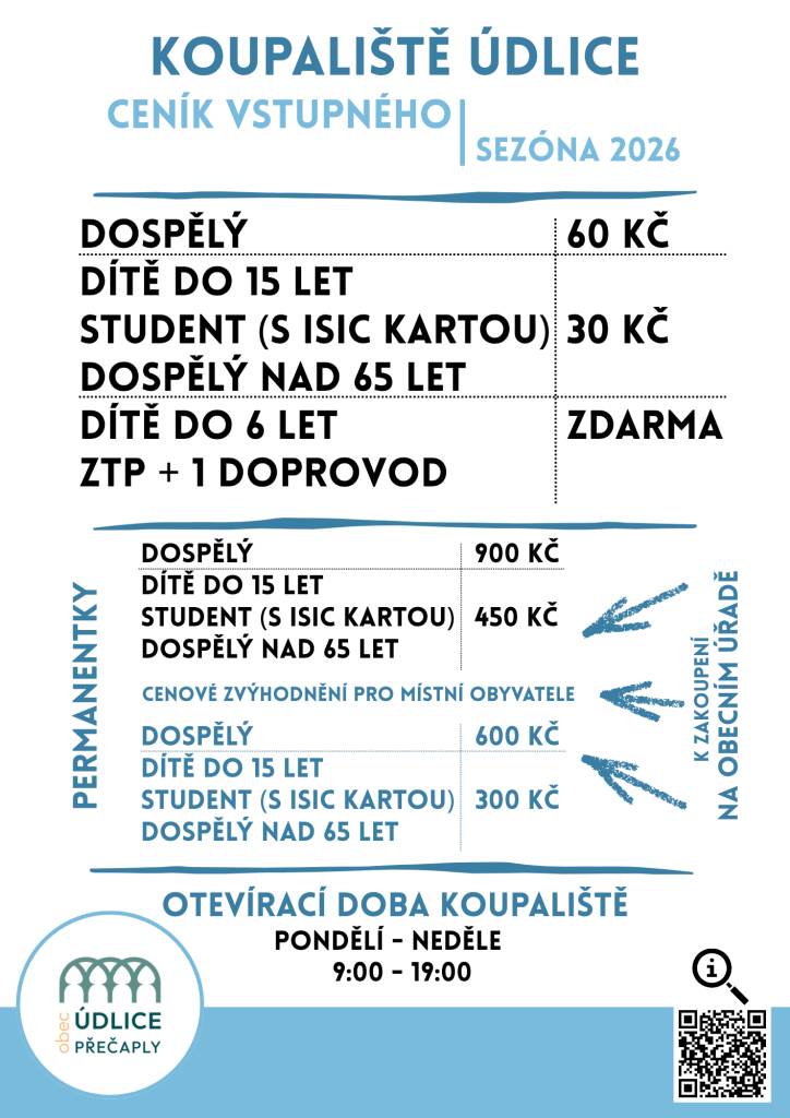 Vážení občané, oznamujeme, že již jsou v prodeji permanentky na koupaliště v Údlicích. Zakoupit je můžete na obecním úřadě během úředních hodin.