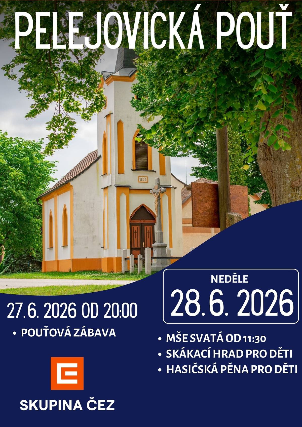 Již o tomto víkendu nás čeká pouť v Pelejovicích. V sobotu 27.6. od 20:00 pouťová zábava, v neděli pak mše a sousedské posezení. Děti si užijí skákací hrad a hasičskou pěnu.