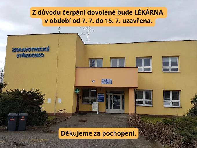 Milí občané, z důvodu čerpání dovolené bude lékárna v období od 7. 7. do 15. 7. uzavřena. Děkujeme za pochopení.
