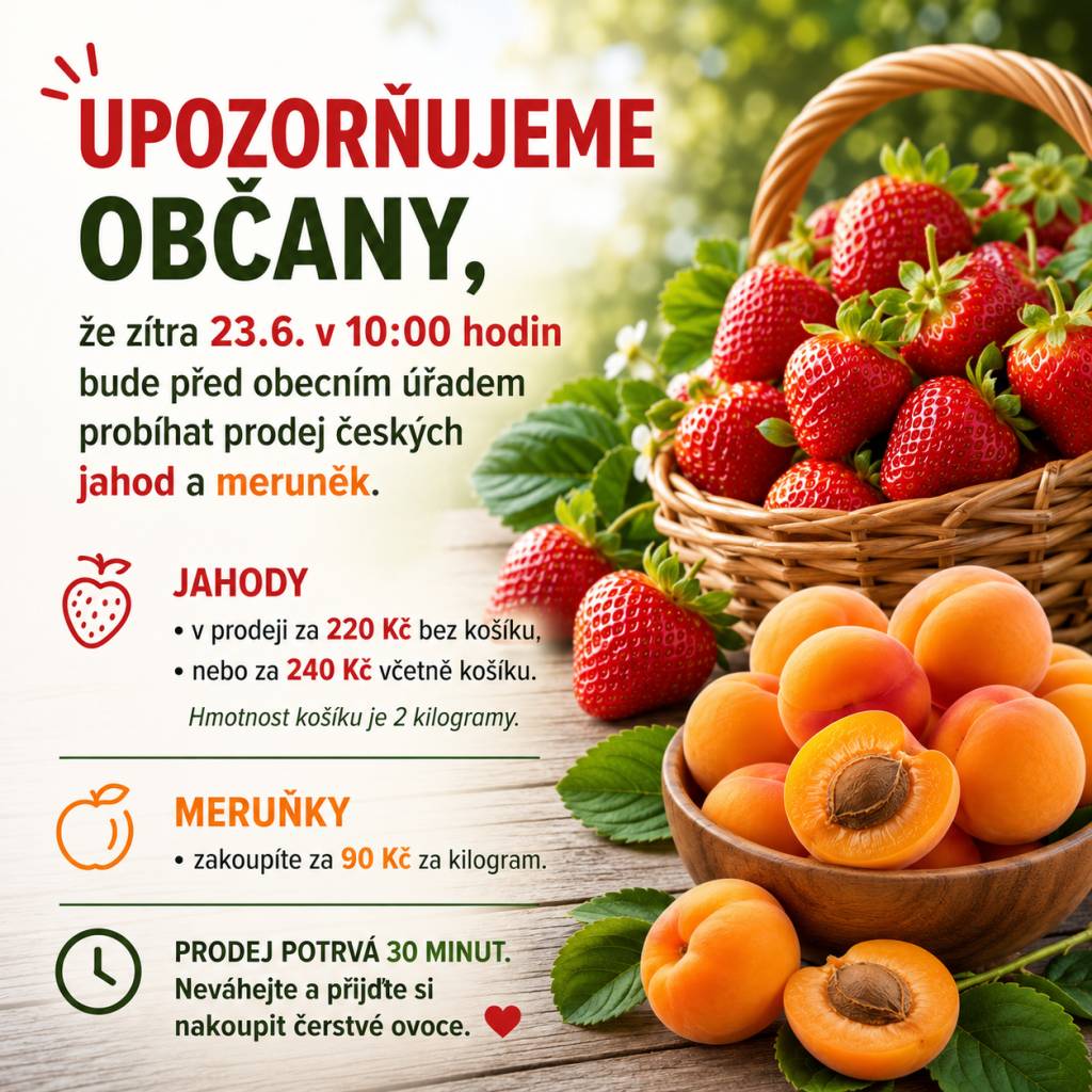 V úterý 23. června 2026 od 10:00 hodin se před obecním úřadem bude konat prodej českého čerstvého ovoce. Prodej potrvá 30 minut a můžete si vybrat mezi nákupem bez košíku nebo s košíkem o hmotnosti 2 kilogramy.
