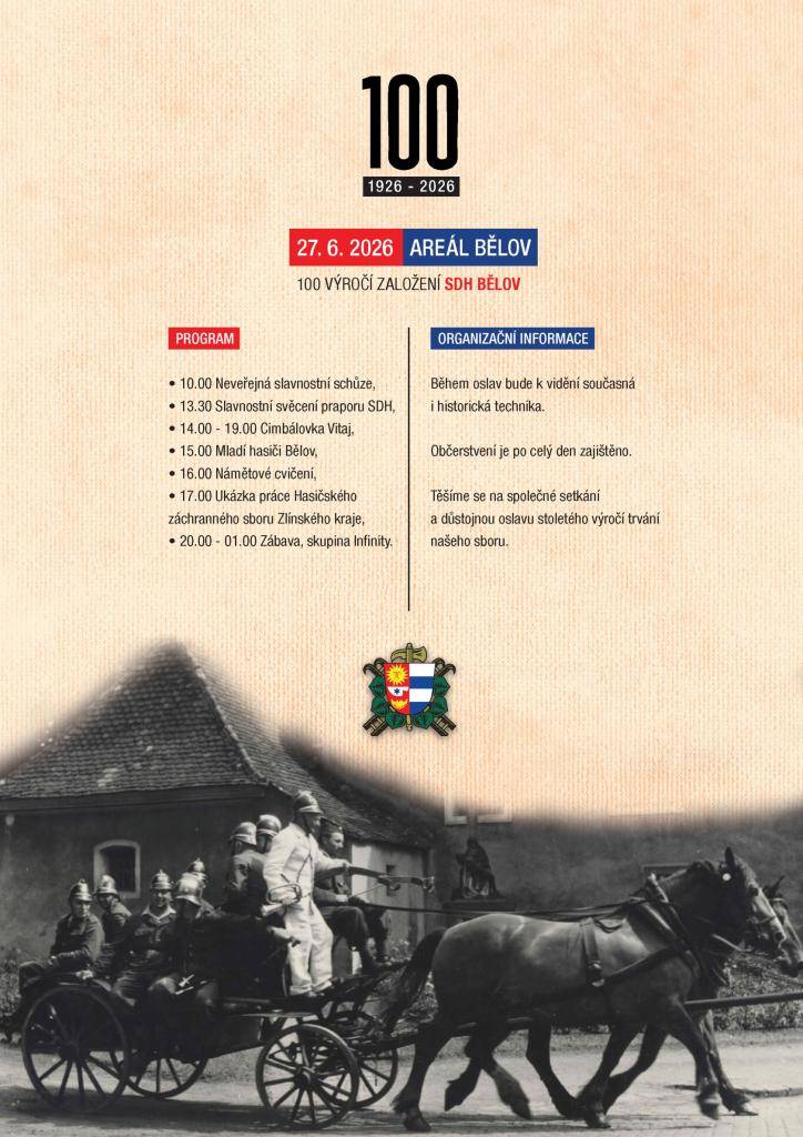 V sobotu 27.6. proběhnou v areále Bělov oslavy 100 let od založení SDH Bělov.