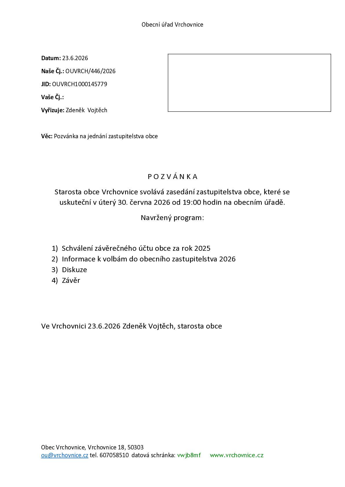 Pozvánka na jednání zastupitelstva dne 30.6.2026