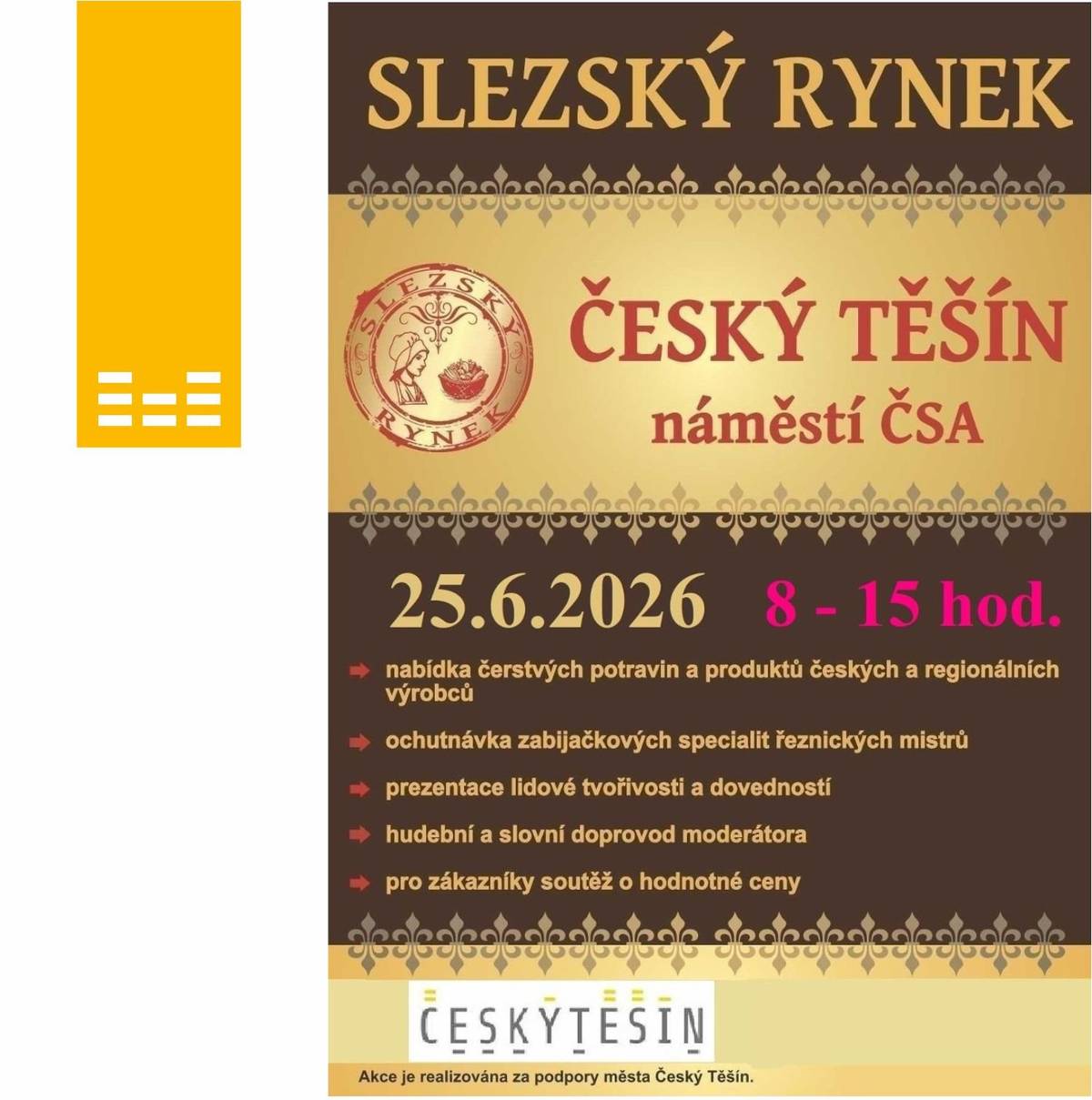 🥖🥨🧀🥚🍖🌰  Již tento čtvrtek k nám opět zavítá Slezský rynek. Můžete se těšit na prodejce se svými stánky, ve kterých na vás bude čekat bohatá nabídka regionálních produktů.