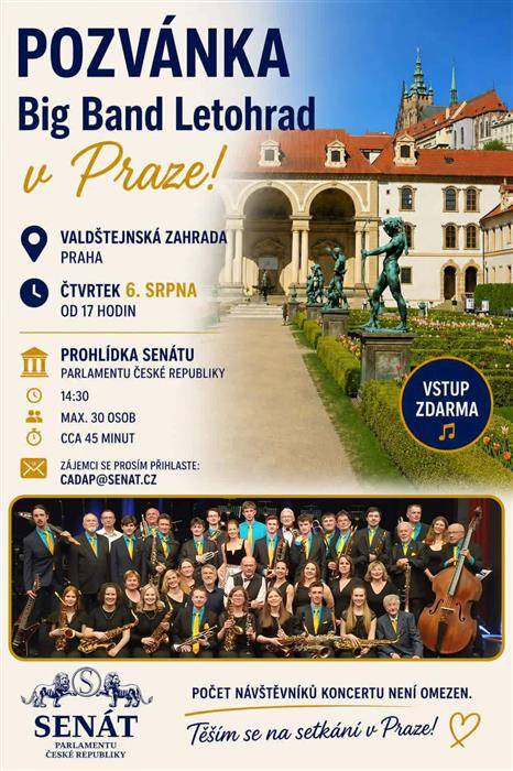 Srdečně zveme letohradské seniory na koncert Big Bandu Letohrad, který se uskuteční ve čtvrtek 6. srpna 2026 od 17 hodin v Senátu Parlamentu ČR v Praze.  Pro účastníky bude zajištěna autobusová doprava. Odjezd je ve 13 hodin z Václavského náměstí v Letohradu.  Zájemci o místo v autobuse se mohou od 1. července hlásit osobně u paní Jindry Nožkové na Městském úřadě Letohrad. Při přihlášení zároveň uhradí příspěvek na dopravu ve výši 100 Kč.  Těšíme se na společný kulturní zážitek.