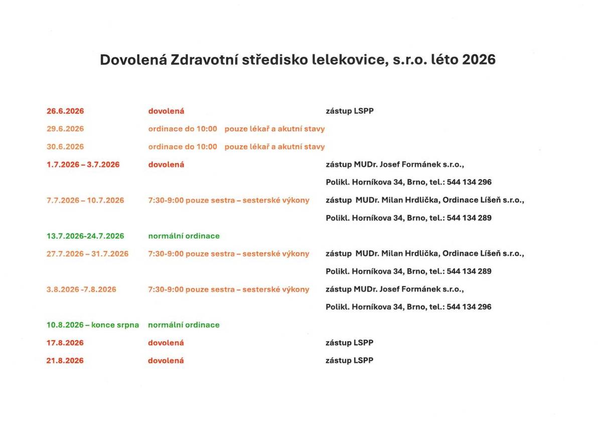 Praktický lékař MUDR. Lukáš Pospíšil oznamuje ordinační dobu po dobu letních prázdnin 2026 ....