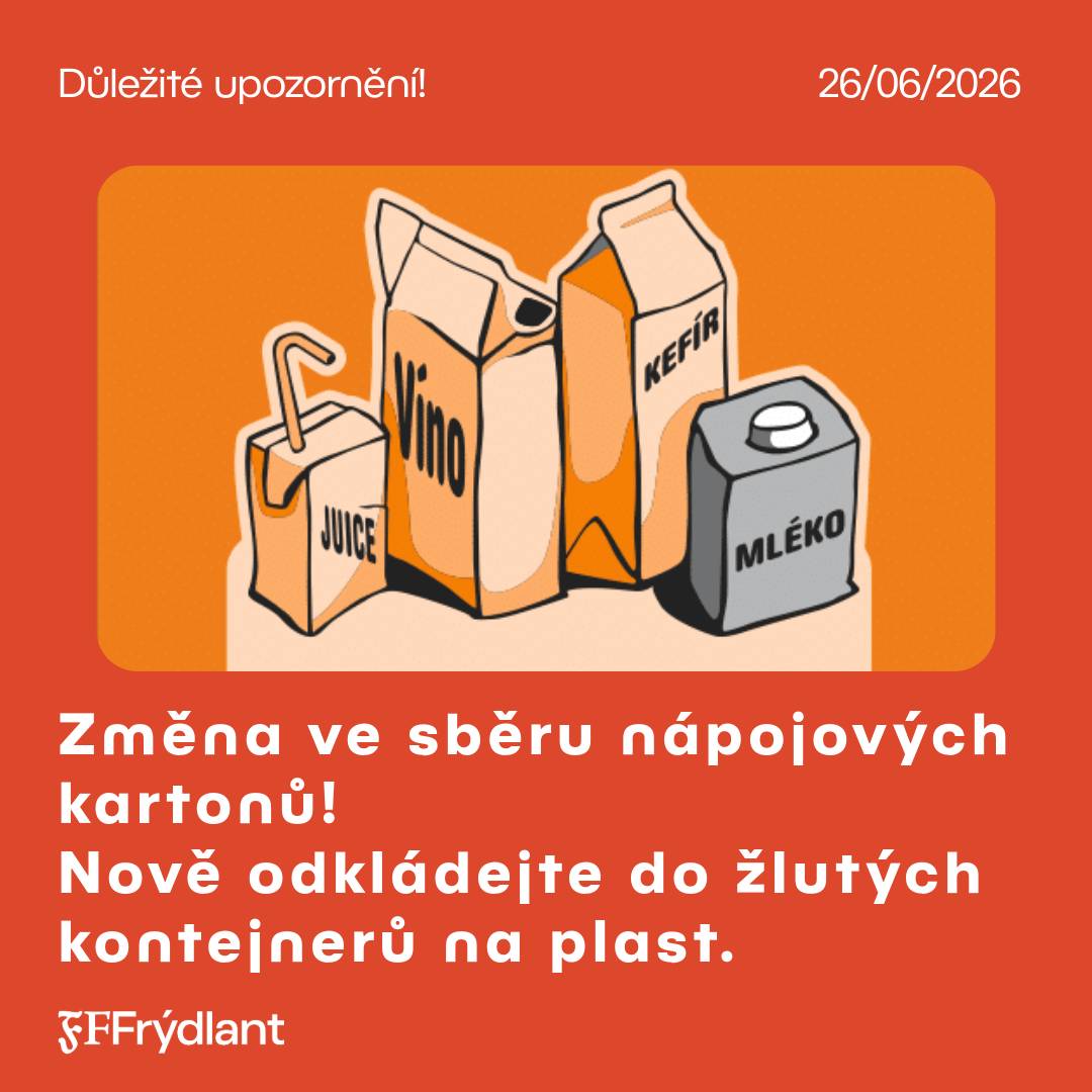 V pátek 26. června proběhne vývoz oranžových kontejnerů na nápojové kartony společností FCC. Následně budou tyto kontejnery ze sběrných stanovišť odstraněny. Nápojové kartony (krabice od mléka, džusů apod.) nově odkládejte do žlutých kontejnerů na plast. U rodinných domů se také budou dávat do nádob na plast se žlutým víkem. Děkujeme, že třídíte odpad a pomáháte chránit životní prostředí. ♻️