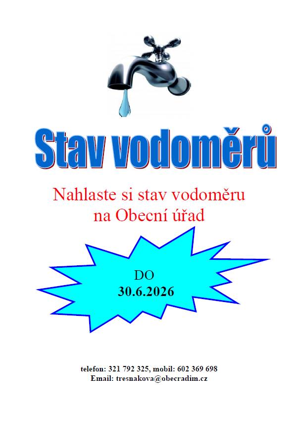 Nahlášení stavu vodoměru je možné do 30.6.2026