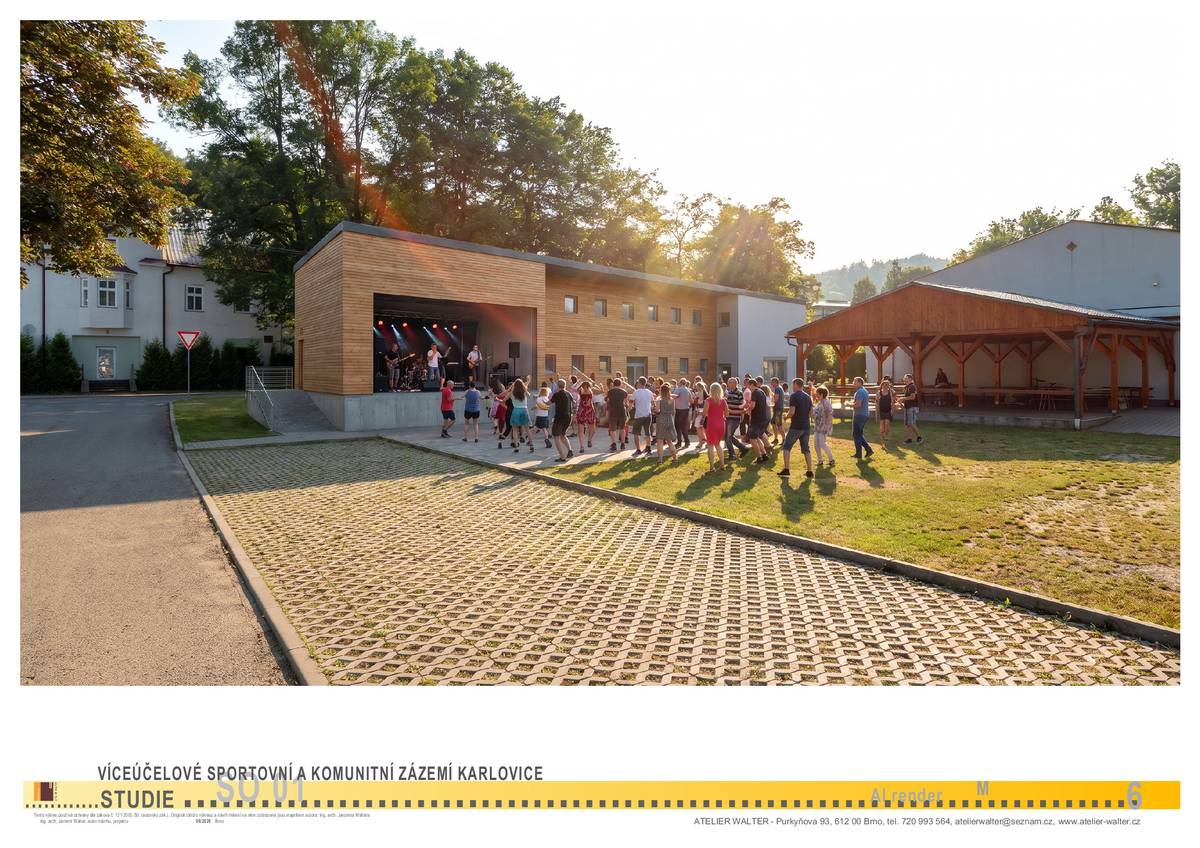 Víceúčelové sportovní a komunitní zázemí bude sloužit jako centrální místo pro pořádání sportovních, kulturních, společenských a komunitních aktivit v obci Karlovice. Objekt vytvoří potřebné technické a hygienické zázemí pro celoroční činnost místních spolků, sportovních klubů, obce i široké veřejnosti. Sportovní využití  Součástí objektu budou šatny pro sportovce, místnost pro rozhodčí a sociální zařízení, které zajistí odpovídající podmínky pro pořádání sportovních utkání, turnajů, tréninků a dalších sportovních akcí. Zázemí umožní rozvoj pravidelné sportovní činnosti dětí, mládeže i dospělých a vytvoří podmínky pro organizaci regionálních sportovních soutěží.  Kulturní a komunitní využití  Klubovna poskytne prostor pro schůzovou činnost spolků, zájmových organizací, seniorů, mládeže a dalších komunitních skupin. Součástí areálu bude také venkovní pódium, které umožní pořádání kulturních vystoupení, koncertů, divadelních představení, folklorních akcí, slavností obce, dětských dnů, sportovních vyhlášení a dalších společenských událostí. Pódium vytvoří důstojné podmínky pro pořádání tradičních akcí, které mají v obci dlouholetou tradici a přispívají k posilování místní identity a soudržnosti obyvatel. Občerstvení a služby návštěvníkům Bufet zajistí občerstvení účastníků sportovních a kulturních akcí a přispěje ke zvýšení komfortu návštěvníků. Současně vytvoří zázemí pro pořádání akcí většího rozsahu, které dosud obec organizuje v provizorních podmínkách. Přínos pro obec  Realizace projektu významně přispěje ke zkvalitnění podmínek pro aktivní trávení volného času všech věkových skupin obyvatel. Vytvoří moderní a důstojné zázemí pro spolkovou činnost, podpoří rozvoj sportu, kultury a komunitního života, posílí mezigenerační setkávání a zvýší atraktivitu obce pro pořádání regionálních akcí. Projekt tak přispěje k dlouhodobému rozvoji občanské vybavenosti a k posílení sociální soudržnosti místní komunity. Vážení občané, do podnětů můžete napsat své připomínky ohledně využití areálu či jak se Vám tento projekt líbí.