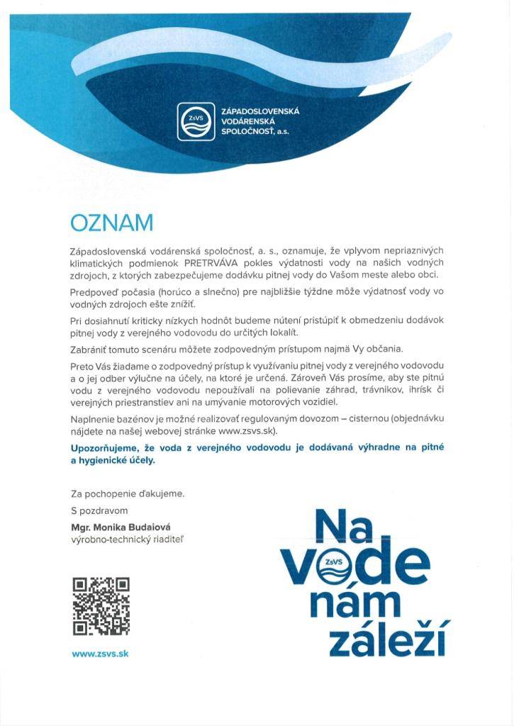 Oznam Západoslovenskej vodárenskej spoločnosti k využívaniu pitnej vody.