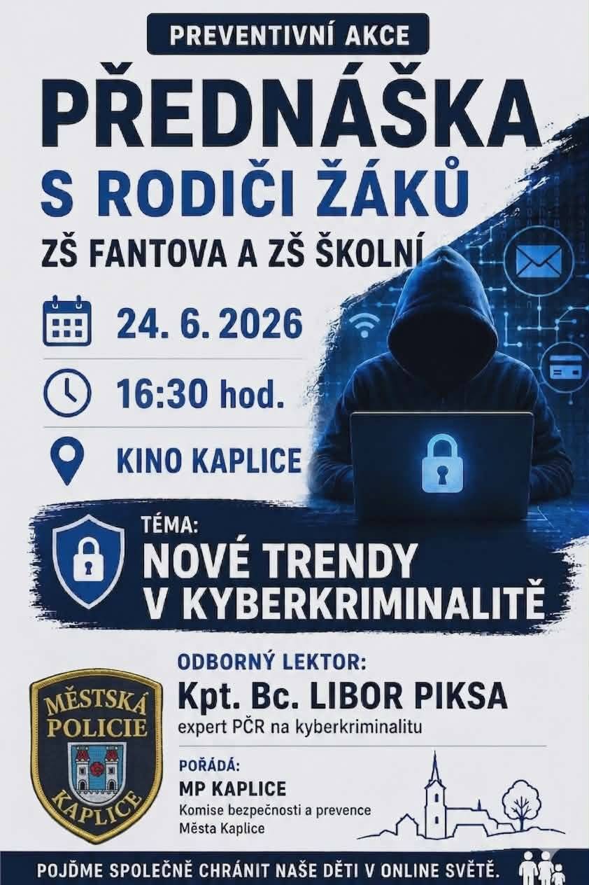 Před samotnými prázdninami zveme rodiče na velmi zajímavou a místy až mrazivou přednášku z praxe kapitána Piksy, věnovanou kyberkriminalitě a bezpečnosti dětí v online prostředí.   Dozvíte se, s jakými hrozbami se policie v praxi setkává, jak rozpoznat varovné signály a především jak své děti na internetu lépe chránit.   Pokud vás zajímá, co se dnes odehrává v online světě a jak mu předcházet, určitě neváhejte s účastí. Některé příběhy vás možná překvapí, jiné doslova zamrazí, ale všechny ukazují, jak důležitá je prevence a otevřená komunikace s dětmi.