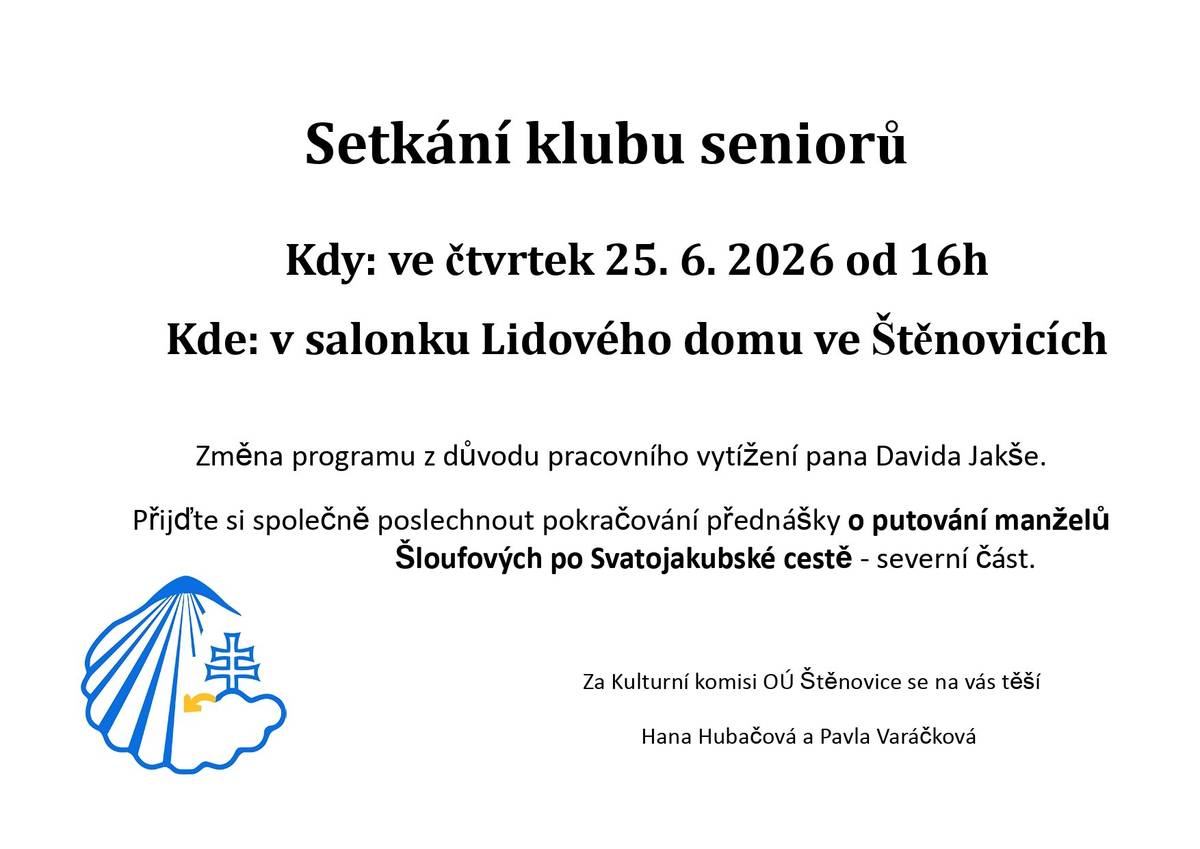 Z důvodu pracovní vytíženosti pana Davida Jakše bude program nahrazen pokračováním přednášky o putování manželů Šloufových po severní části Svatojakubské cesty.