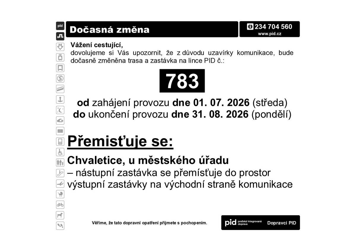 Od pátku 26. 6. 2026 dochází k ukončení aktuální etapy uzavírky silnice II/126 a tudíž se autobusové linky PID 786, 788 a 805 vrací do svých původních tras.   Od pondělí 29. 6. 2026 dochází k úpravě sledu zastávek v úseku Onomyšl – Uhlířské Janovice a zpět a s tím souvisejícím drobným změnám v časech odjezdů na lince PID 481.   Od středy 1. 7. 2026 dochází k zahájení uzavírky místní komunikace ve Chvaleticích mající vliv na odjezdové stanoviště linky PID 783.   Od středy 1. 7. 2026 dochází k zahájení částečné uzavírky silnice I/2 v Kutné Hoře mající vliv na provoz linek PID 381, 481 a 802. Z důvodu omezení kapacity komunikace lze předpokládat zejména ve špičkách pracovních dnů k nárustu zpoždění až o 10 minut.   Od středy 1. 7. 2026 dochází k zahájení částečné uzavírky silnice I/17 v Chrudimi mající vliv na provoz linky PID 710. Z důvodu omezení kapacity komunikace lze předpokládat zejména ve špičkách pracovních dnů k nárustu zpoždění až o 10 minut.   Od středy 1. 7. 2026 dochází k zahájení uzavírky komunikace od silnice II/126 do obce Soutice mající vliv na včasnost spojů linky PID 402, která může jízdou po objízdné trase navýšit zpoždění až o 5 minut.   Aktuální podobu jízdních řádů autobusových linek naleznete v sekci jízdní řády na webu: https://pid.cz/jizdni-rady-podle-linek/