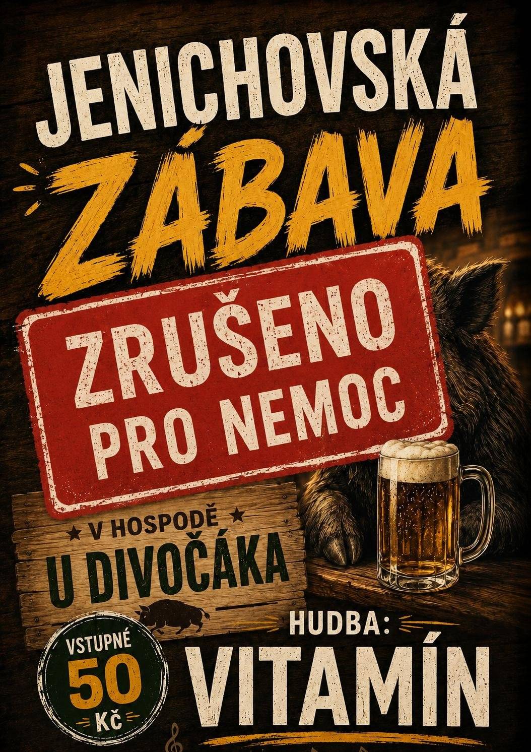Mrzí nás to, ale sobotní zábava v Jenichově je z důvodu nemoci zrušena. Hospoda bude normálně otevřena, takže na něco dobrého k osvěžení dorazit můžete. Děkujeme za pochopení.
