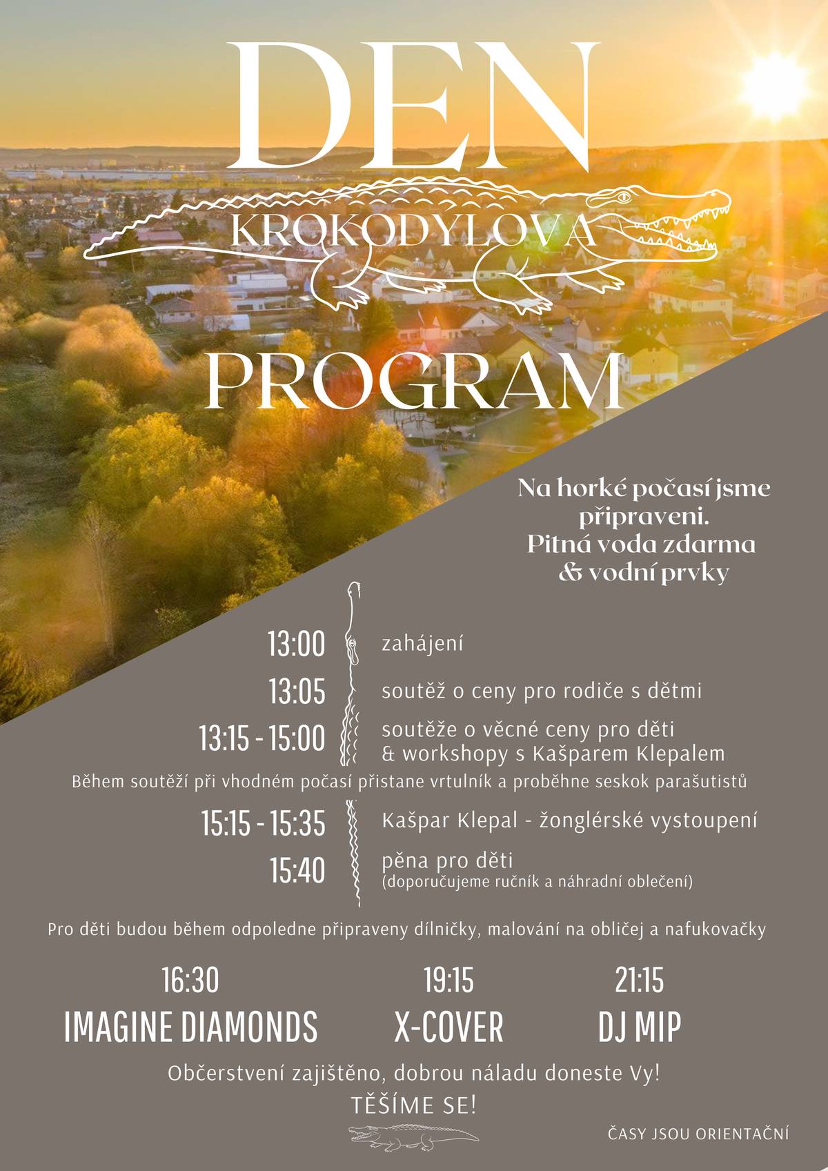 Milí Tlučeňáci, při loňských oslavách 910 let obce a 120 let SDH nás potrápil déšť, tak jsme si moc přáli, aby na letošní Den Krokodýlova bylo pěkně a možná jsme to trochu přepískli.😅 Víme, že v sobotu bude horko, ale věřte, že děláme vše pro to, abyste dorazili a akci si mohli co nejvíce užít Vy i Vaše děti. 💦Na místě bude přistavena cisterna s pitnou vodou od Vodárny Plzeň na pití i jiné zchlazení (doporučujeme láhev s sebou) a samozřejmě je připravena nabídka různých nápojů. 🧢Nezapomeňte také na pokrývku hlavy, sluneční brýle a opalovací krém. 🐳Na hřišti se v průběhu dětského programu budou pouštět zavlažovací trysky. 🚒Zavlažovat budou také hasiči a na děti čeká tradiční pěna. Máme připravené také 2 bazénky s vodou. A můžeme prozradit, že ve věcných cenách pro děti se to stříkacími pistolemi a pistolkami taky jenom hemží. Snažíme se také připravit co největší množství zastíněných míst, aby bylo kam se schovat. Děkujeme a doufáme, že si dlouho připravovanou akci nenecháte ujít. Těšíme se na Vás, společně to zvládneme!