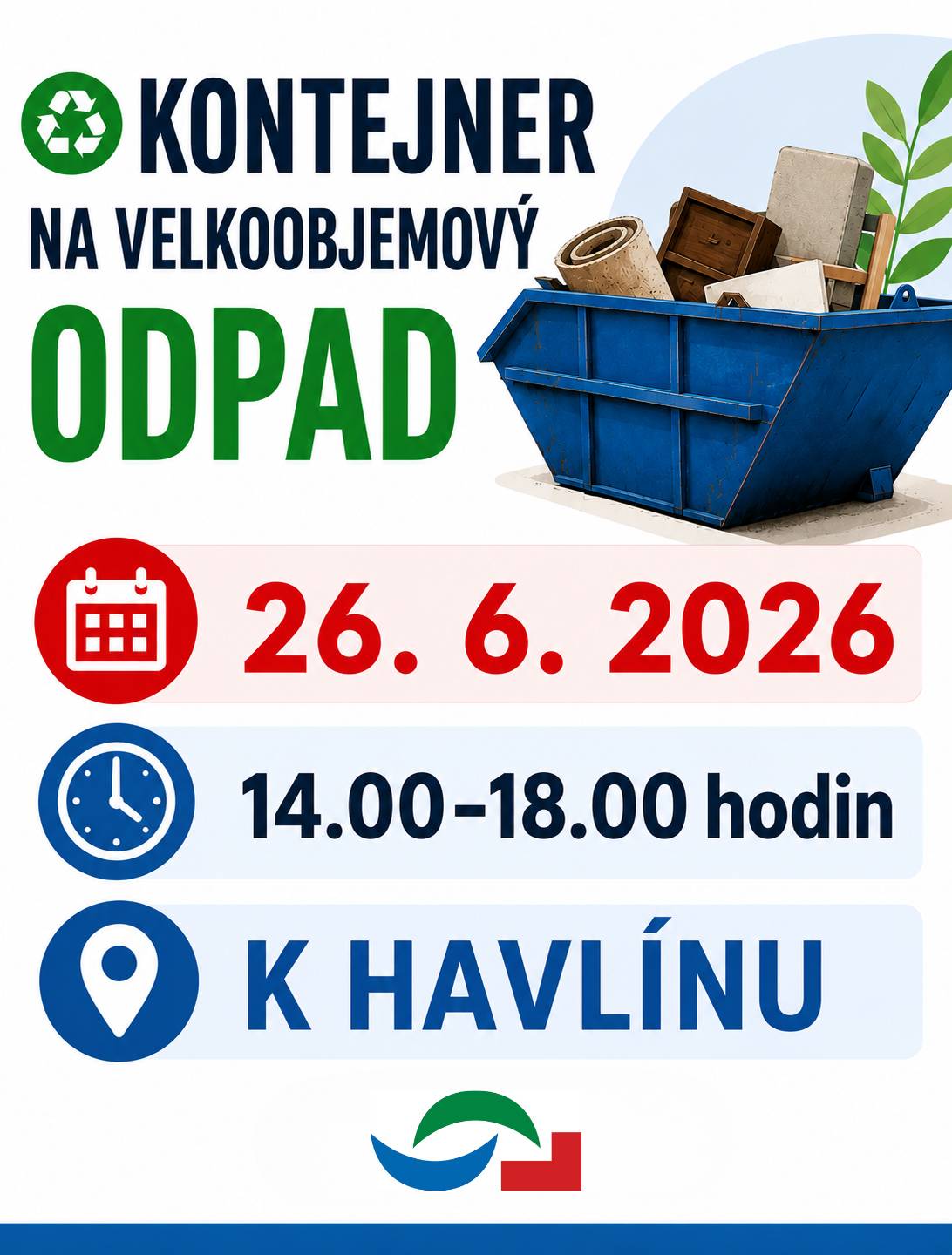 Kontejner na velkoobjemový odpad bude přistaven v pátek 26.6.2026 od 14:00 do 18:00 v ulici K Havlínu. Další info na radničním webu: https://www.mc-zbraslav.cz/velkoobjemovy-kontejner/d-18521