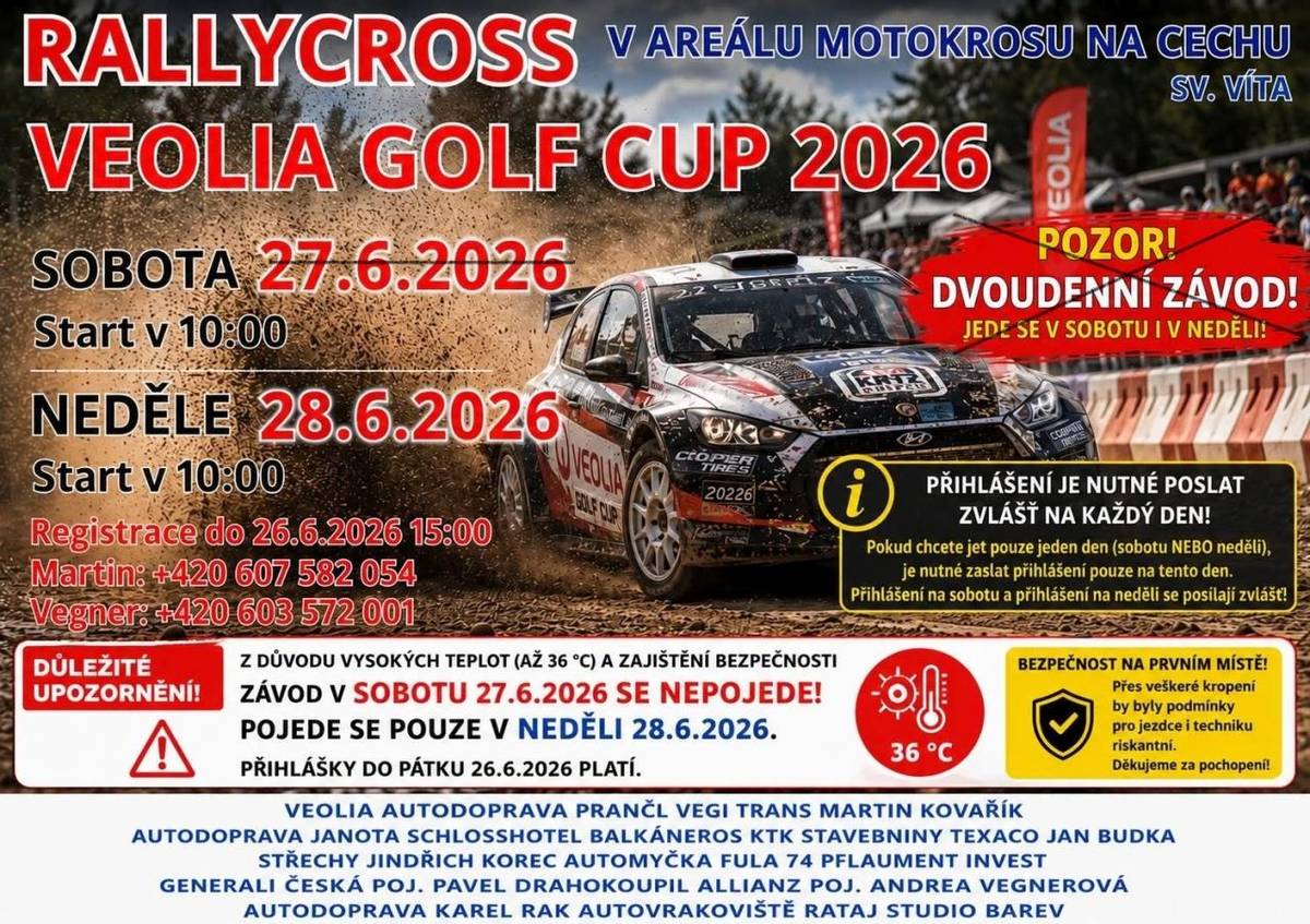 Tradiční dvoudenní závod v areálu Motokrosu Na Cechu sv. Víta byl z důvodu vysokých teplot změněn. Pojede se pouze v neděli 28. 6. 2026 a start začíná v 10.00 hodin. Děkujeme za pochopení.